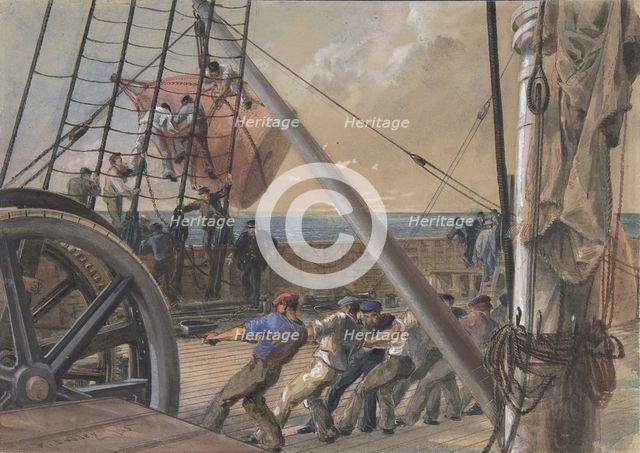 Getting Out One of the Large Buoys for Launching, August 2nd, 1865, 1865. Creator: Robert Charles Dudley.