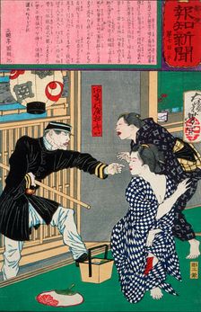 Geisha Ofusa of Amanoya Threatened with Arrest for Indecent Exposure on a Hot Evening, c1875. Creator: Tsukioka Yoshitoshi