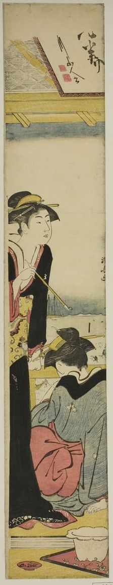 Geisha and Maid on a Balcony Overlooking the Bay, c. 1783. Creator: Torii Kiyonaga