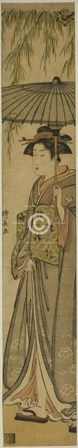 Geisha Carrying a Parasol under a Willow Tree, c. 1784. Creator: Torii Kiyonaga.