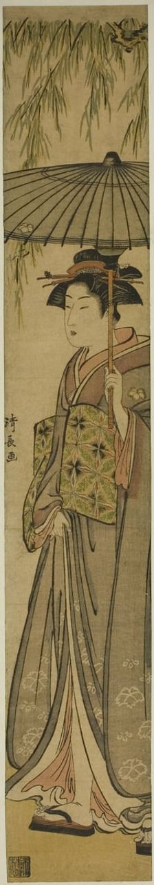 Geisha Carrying a Parasol under a Willow Tree, c. 1784. Creator: Torii Kiyonaga