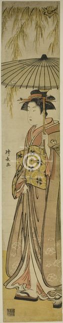 Geisha Carrying a Parasol under a Willow Tree, c. 1784. Creator: Torii Kiyonaga.