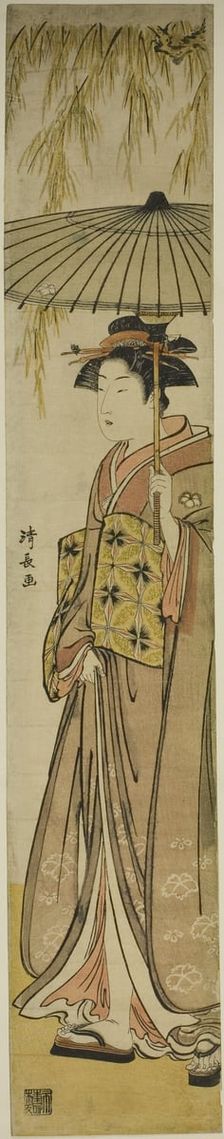 Geisha Carrying a Parasol under a Willow Tree, c. 1784. Creator: Torii Kiyonaga