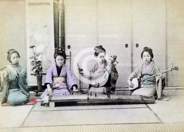 Geisha playing traditional musical instruments, Japan, 1880. Artist: Unknown