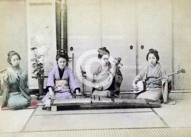 Geisha playing traditional musical instruments, Japan, 1880. Artist: Unknown