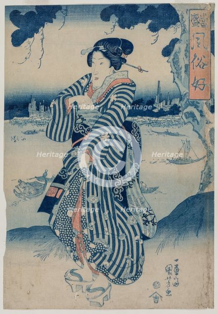 Geisha Standing on the Bank of the Sumida River..., early 1830s. Creator: Utagawa Kuniyoshi (Japanese, 1797-1861).
