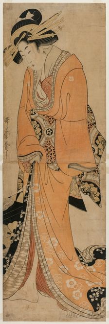 Geisha Standing Beside a Shamisen Case, c. 1810. Creator: Utamaro II (Japanese)