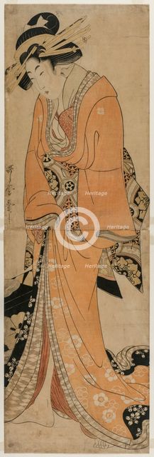 Geisha Standing Beside a Shamisen Case, c. 1810. Creator: Utamaro II (Japanese).