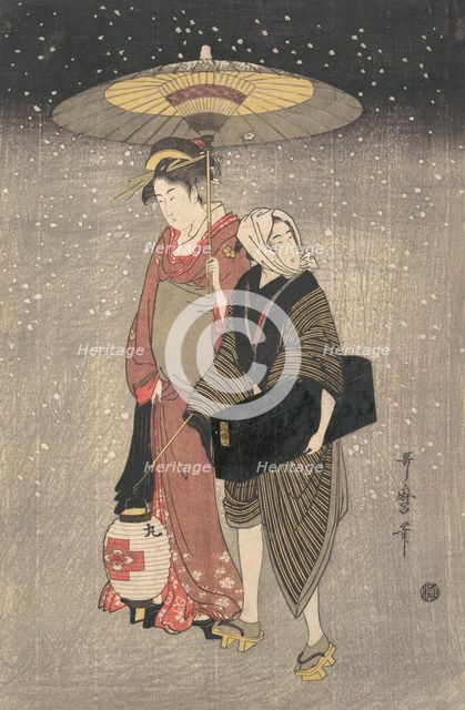 Geisha Walking through the Snow at Night, ca. 1797. Creator: Kitagawa Utamaro.