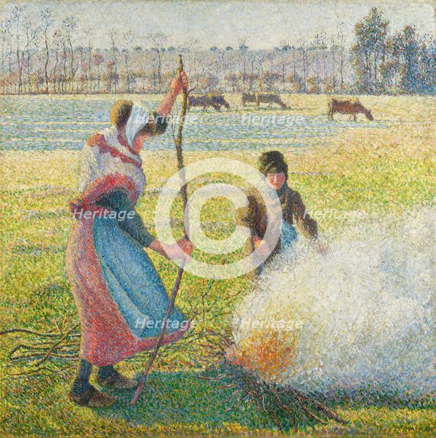 Gelée blanche, jeune paysanne faisant du feu (Hoar-Frost, Peasant Girl Making a Fire), 1888. Creator: Camille Pissarro.