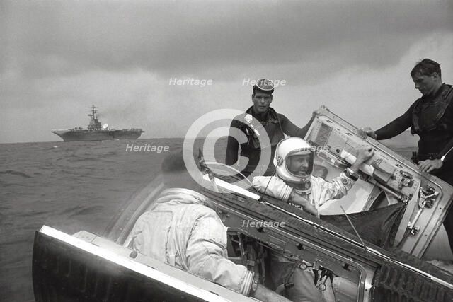 Gemini 9 crew waves to the Wasp, 1966. Creator: NASA.