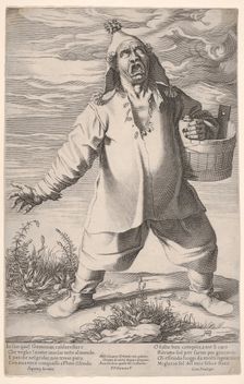 Geminiano Caldarostaro crying out and holding a tub, with a tasseled hat , ca. 1597-1601. Creator: Francesco Villamena