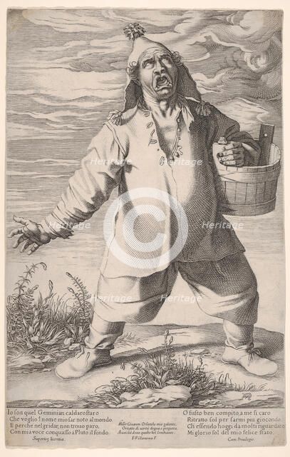 Geminiano Caldarostaro crying out and holding a tub, with a tasseled hat , ca. 1597-1601. Creator: Francesco Villamena.