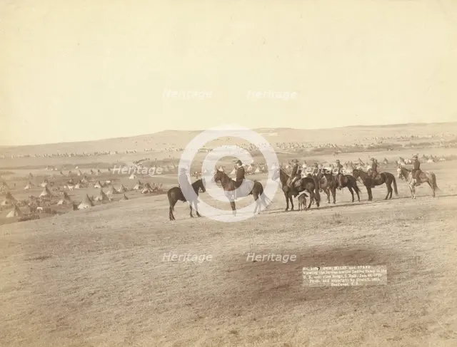 Gen Miles and staff viewing the largest hostile Indian Camp in the US, near Pine..., c1891. Creator: John C. H. Grabill.