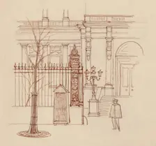Gendarme outside classical building, Paris, 1951. Creator: Shirley Markham