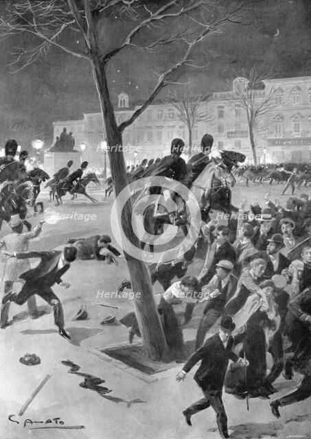 Gendarmes charging the rioters in the Place des Grand Sablons, Brussels, Belgium, 1902.Artist: G Amato