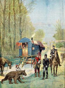 Gendarmes taking census forms to an encampment of itinerant gipsies in their caravan, 1895