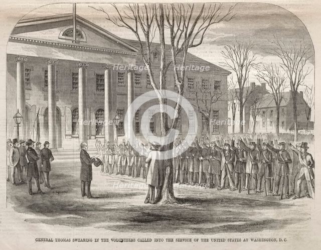 General Thomas Swearing in the Volunteers Called into the Service of the United States..., 1861. Creator: Winslow Homer (American, 1836-1910).
