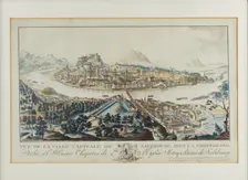 General view over the Salzach to Salzburg with the Hohensalzburg Fortress, c.1790. Creator: Amon, Anton (1761-1798)
