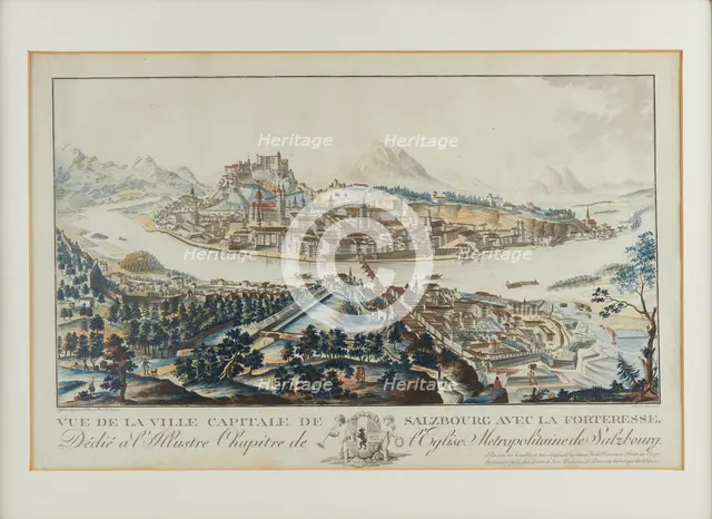 General view over the Salzach to Salzburg with the Hohensalzburg Fortress, c.1790. Creator: Amon, Anton (1761-1798).
