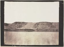 General View of Monuments Carved into Bedrock with Photographer's Dahabieh. Abu Simbel, 1851-1852. Creator: Félix Teynard (French, 1817-1892)
