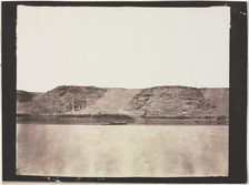 General View of Monuments Carved into Bedrock with Photographer's Dahabieh. Abu Simbel, 1851-1852. Creator: Félix Teynard (French, 1817-1892)