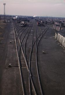 General view of one of the Chicago and North Western railroad classification yards, Chicago, 1942. Creator: Jack Delano