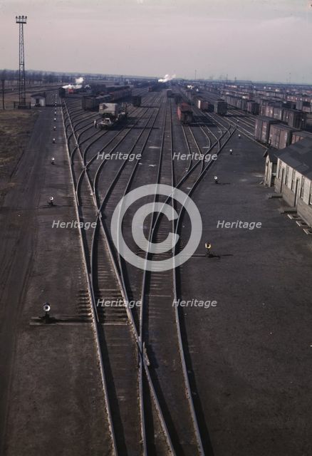 General view of one of the Chicago and North Western railroad classification yards, Chicago, 1942. Creator: Jack Delano.