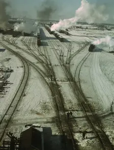 General view of one of the classification yards of the C & NW RR, Chicago, Ill., 1942. Creator: Jack Delano