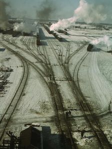 General view of one of the classification yards of the C & NW RR, Chicago, Ill., 1942. Creator: Jack Delano