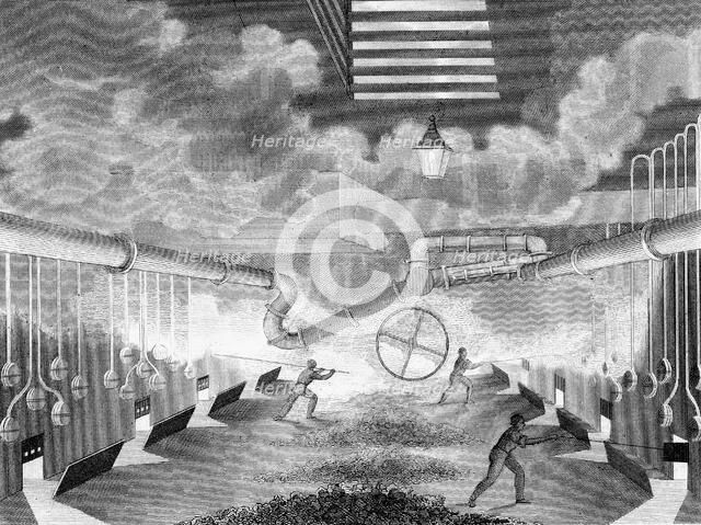 General view of a gas works, showing retorts being charged, 1835. Artist: Charles Partington