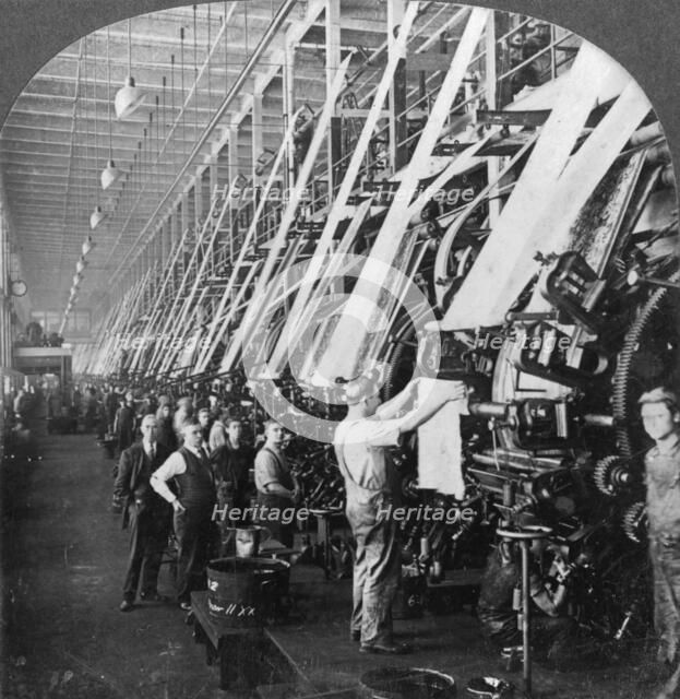 General view of a large printing room in a cotton mill, Lawrence, Massachusetts, USA, 20th century. Artist: Keystone View Company