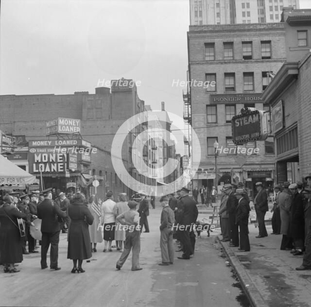 General view of army and crowds, Salvation Army, San Francisco, California, 1939. Creator: Dorothea Lange.