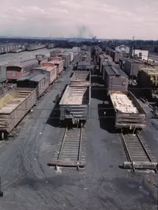 General view of part of the rip tracks at C & NW RR's Proviso yard, Chicago, Ill., 1943. Creator: Jack Delano