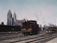 General view of part of the south Water street freight...Illinois Central Railroad, Chicago, 1943. Creator: Jack Delano