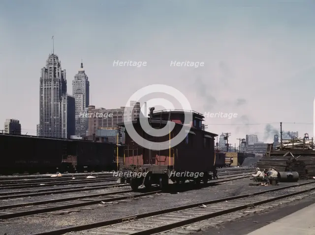 General view of part of the south Water street freight...Illinois Central Railroad, Chicago, 1943. Creator: Jack Delano.