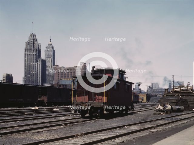 General view of part of the south Water street freight...Illinois Central Railroad, Chicago, 1943. Creator: Jack Delano.