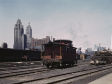 General view of part of the south Water street freight...Illinois Central Railroad, Chicago, 1943. Creator: Jack Delano