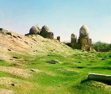 General view of Shakh-i Zindeh mosque, from the northwest, Samarkand, between 1905 and 1915. Creator: Sergey Mikhaylovich Prokudin-Gorsky