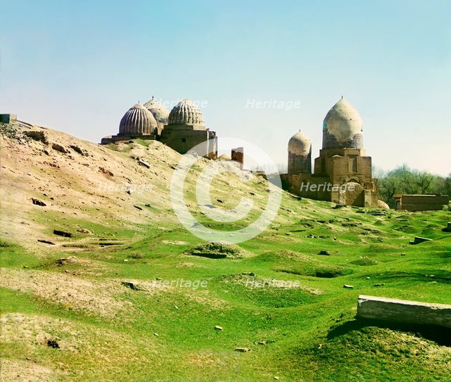 General view of Shakh-i Zindeh mosque, from the northwest, Samarkand, between 1905 and 1915. Creator: Sergey Mikhaylovich Prokudin-Gorsky.
