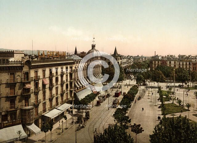 General view of the Catalonia Square, in Barcelona, ??in the early 20th century, in the foregroun…