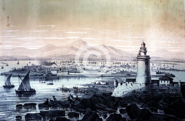 General view of the city of Cadiz and its port, engraving 1800.