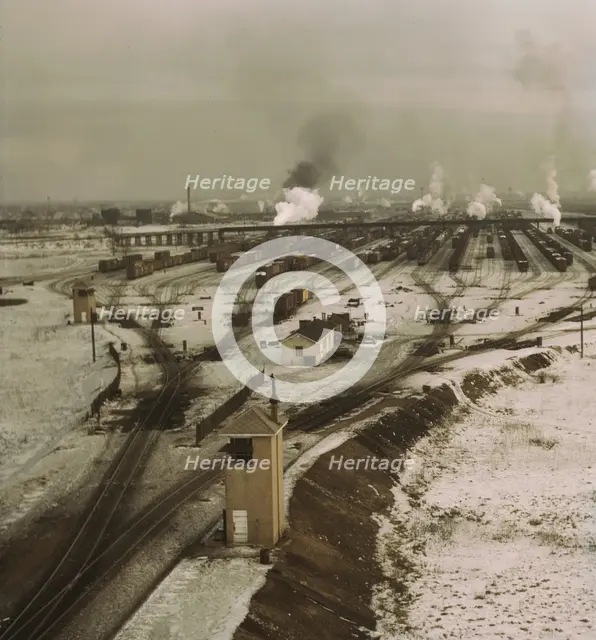 General view of the hump, Chicago and North Western railroad classification yard, Chicago, 1942. Creator: Jack Delano.