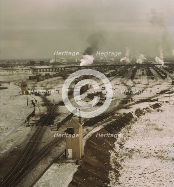 General view of the hump, Chicago and North Western railroad classification yard, Chicago, 1942. Creator: Jack Delano.