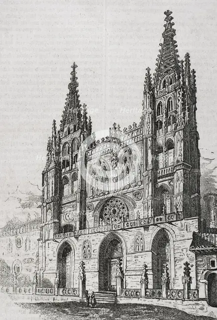 General view of the main facade of the Cathedral, Burgos, Castile-Leon, Spain, 1852.  Creator: Unknown.
