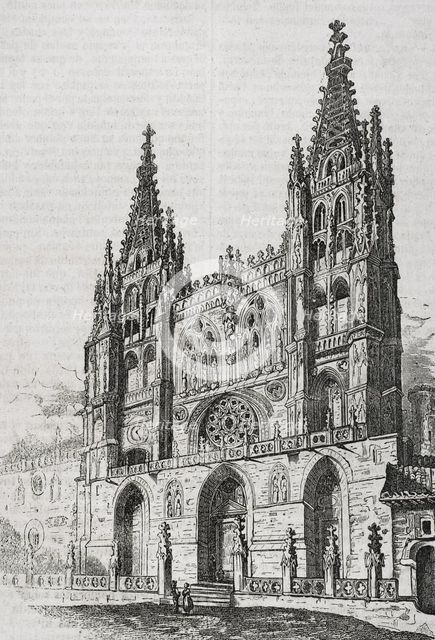 General view of the main facade of the Cathedral, Burgos, Castile-Leon, Spain, 1852.  Creator: Unknown.