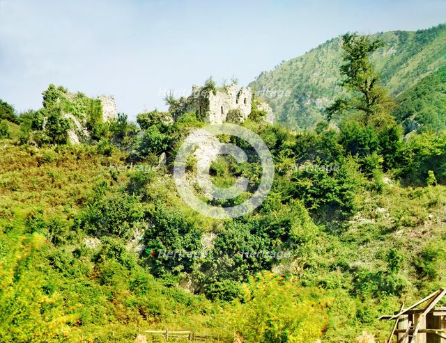 General view of the ruins of a castle near the Bzyb River, from the highway, between 1905 and 1915. Creator: Sergey Mikhaylovich Prokudin-Gorsky.