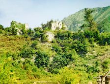General view of the ruins of a castle near the Bzyb River, from the highway, between 1905 and 1915. Creator: Sergey Mikhaylovich Prokudin-Gorsky