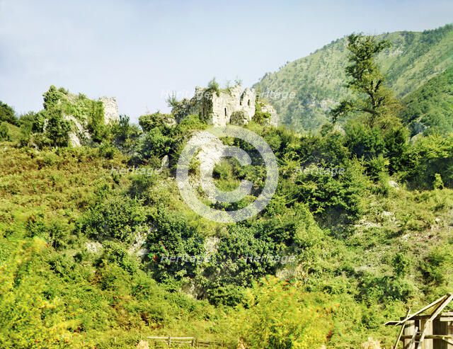 General view of the ruins of a castle near the Bzyb River, from the highway, between 1905 and 1915. Creator: Sergey Mikhaylovich Prokudin-Gorsky.