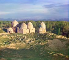 General view of the Shakh-i Zindeh mosque (evening photo), Samarkand, between 1905 and 1915. Creator: Sergey Mikhaylovich Prokudin-Gorsky